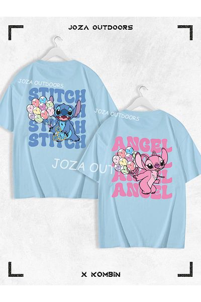Jobia Outdoors Lilo Angel Stitch Written Back BACK Σετ μπλουζάκι με στάμπα για ζευγάρια συνδυασμένο υπερμεγέθη πολύχρωμο μπλουζάκι 2 τεμαχίων