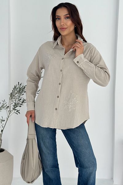 FEMELLE Women's Beige Sequin and Embroidery Embroidered Linen Shirt