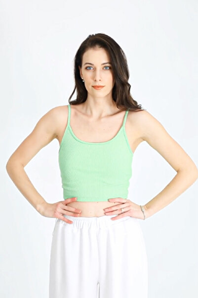 EDSA Açık Yeşil Askılı Sıfır Kol Şık Günlük Kadın Crop