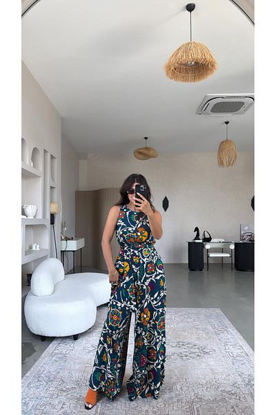 Buket Teke Green Patterned Wide Leg Jumpsuit