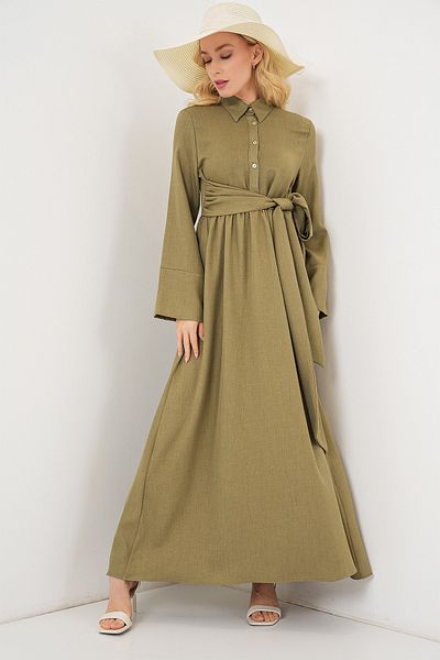 Bigdart Women's Tie Front Linen Dress 2574 - Sage