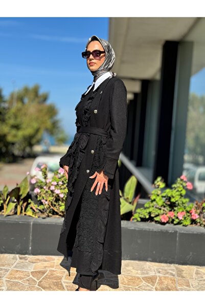 MissWhence Embroidery and Silk Ruffle Detailed Crushed Felt Black Overcoat 36500