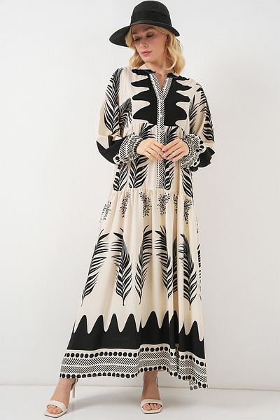 Bigdart Women's Patterned Long Hijab Dress 2585 - Black - White