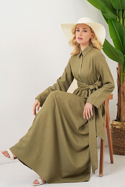 Bigdart Women's Tie Front Linen Dress 2574 - Sage