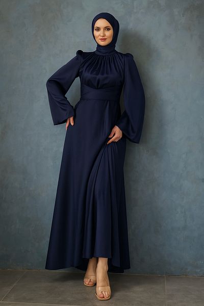 Modafeminen Rochie de seară din satin cu mâneci spaniole, cu îmbrățișare în talie, bleumarin 583163