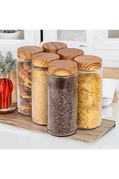 emdeco 6-Piece Jumbo Size Glass Striped Crystal Food Jar Storage Container with Lid 1500 ml