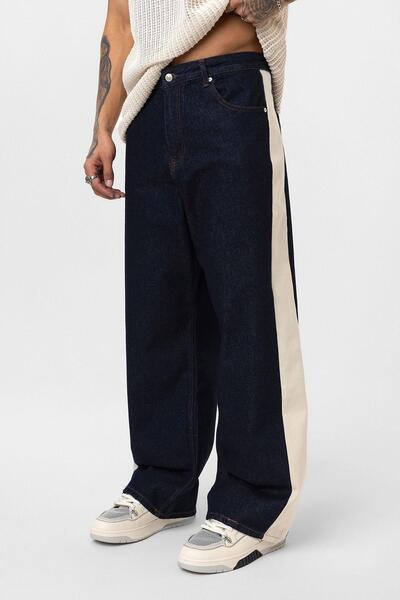 VAMOSCLO Yan Şeritli Baggy Fit Jean Koyu Mavi