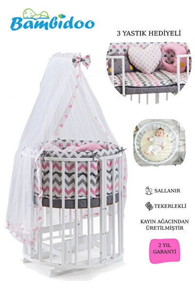 BamgidooMobilya Bamgidoo Sallanabilir Tekerlekli Yuvarlak (SEPET) Ahşap Bebek Beşik -pembe Yıldız 3 Yastık Hediyeli