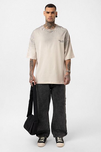 VAMOSCLO Washed Oversize T-Shirt with Text Detail Stone