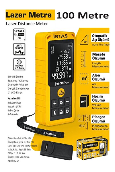 SGS SGS5426 100 Metre Lazer Metre Mesafe Ölçer - Pisagor - Alan - Hacim - Mesafe - Otomatik Alçı Ölçümü