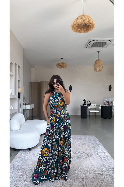 Buket Teke Green Patterned Wide Leg Jumpsuit