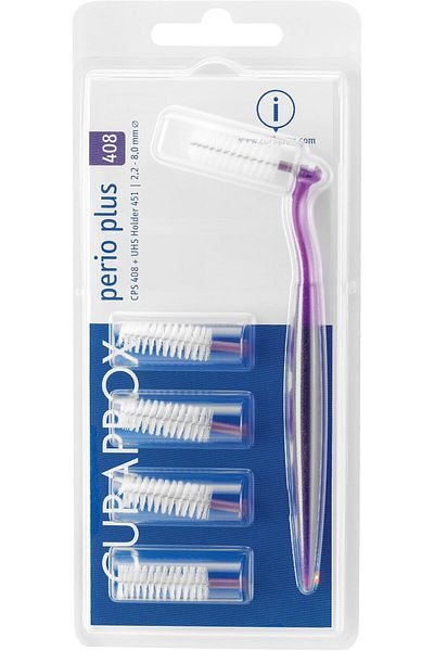 Curaprox فرشاة CPS 408 للعناية بالأسنان | 5 فرش CPS 408 للعناية بالأسنان وحامل UHS 451 بلون بنفسجي غامق | فرشاة تنظيف عميقة