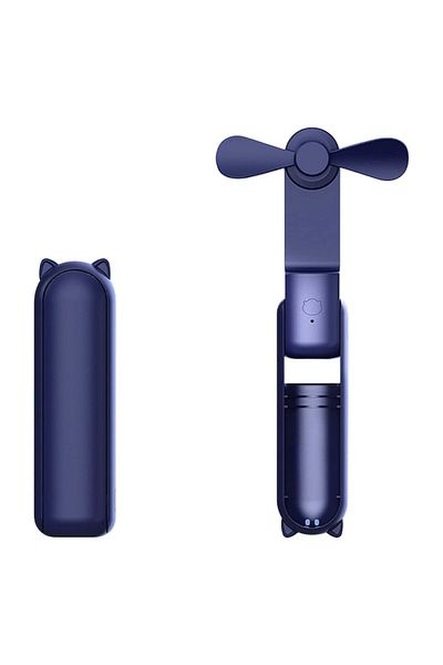 Optim Solution Mini ventilator, 3 trepte de viteză, portabil, de mână, baterie externă, design cu pisică, alimentare USB, albastru