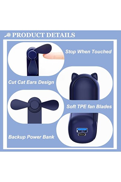 Optim Solution Mini ventilator, 3 trepte de viteză, portabil, de mână, baterie externă, design cu pisică, alimentare USB, albastru