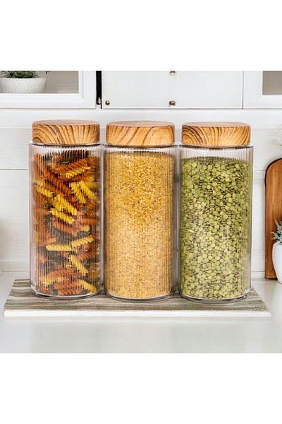 emdeco 3-Piece Jumbo Size Glass Striped Crystal Food Jar Storage Container with Lid 1500 ml