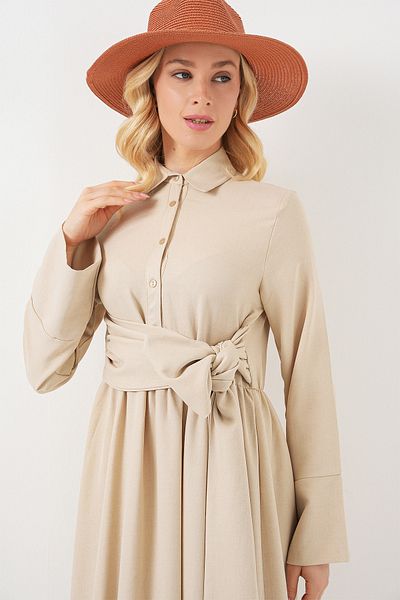Bigdart Women's Tie-Front Linen Dress 2574 - Beige