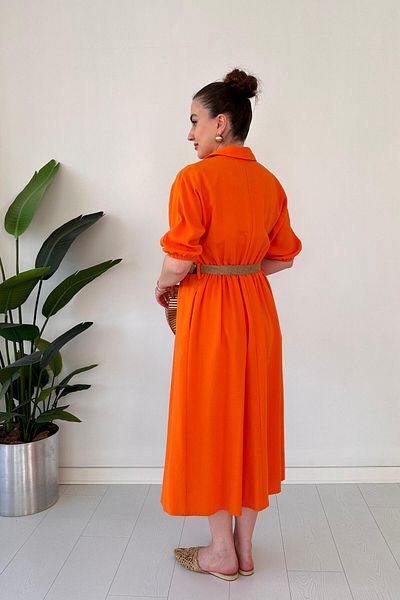MaziButik Plain Straw Belt Dress Orange