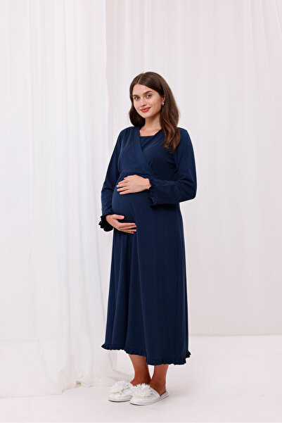 Yulem Homewear Lacivert Kruvaze Pamuklu Emzirme Özellikli Lohusa Hamile Gecelik