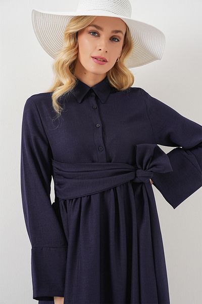 Bigdart Women's Tie Front Linen Dress 2574 - Navy Blue