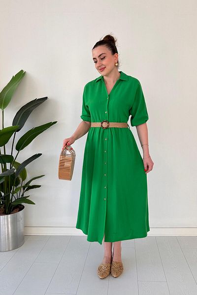 MaziButik Plain Straw Belt Dress Green
