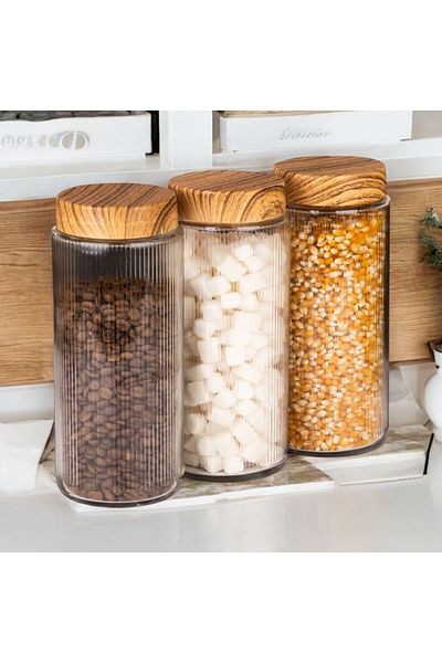 emdeco 3-Piece Jumbo Size Glass Striped Crystal Food Jar Storage Container with Lid 1500 ml