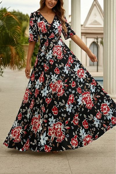Viyamo Rochie lungă elegantă pentru femei, cu mâneci scurte, cu decolteu în V, sezon nou