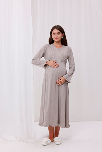 Yulem Homewear Bej Kruvaze Pamuklu Emzirme Özellikli Lohusa Hamile Gecelik