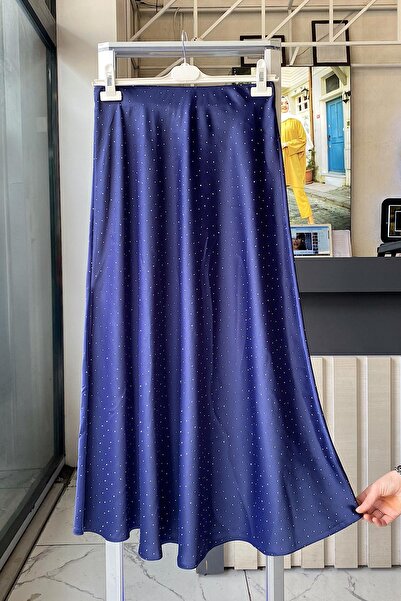 dubai showroom Üzeri taşlı Saten etek Lacivert
