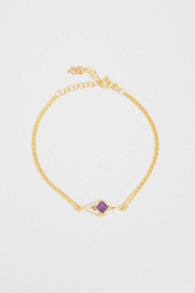 So CHIC... Kedi Gözü Taşlı 18 Ayar Sarı Altın Kaplama 19 Cm Gümüş Bileklik