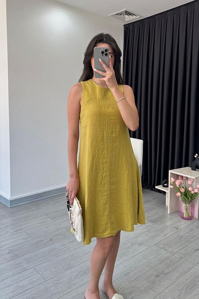 ECEMİ Ashe Mustard Raw Linen Above Knee Dress