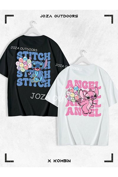 Joza Outdoors Lilo Angel Stitch Scris pe spate BICURIT Imprimat Cuplu Iubitoare Combinație Tricou colorat supradimensionat Set de 2