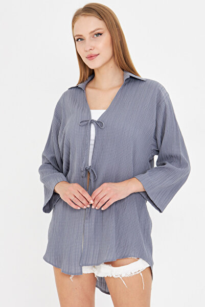 armonika Kadın Açık Gri Gömlek Yakalı Önden Bağcıklı Kimono Gömlek ARM-25K001006
