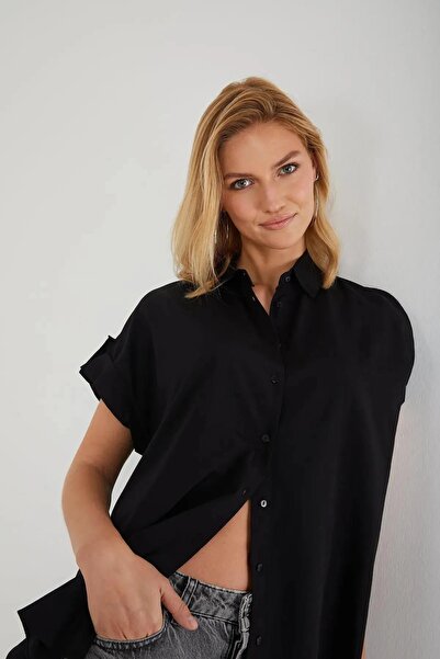 Mixray 3967 Women's Epaulet Short Sleeve Oversize Shirt Black