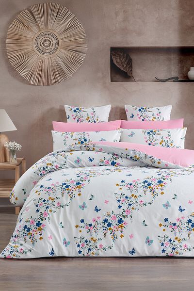 GARDEN ROOM Set cuvertură de pilota dublă cu cearșaf elastic SÜMEYRA Albastru - Roz