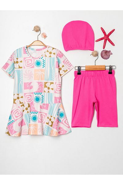 Harika KIDS Girl's Crew Neck Skirted Swimsuit and Leggings Bonnet Included.