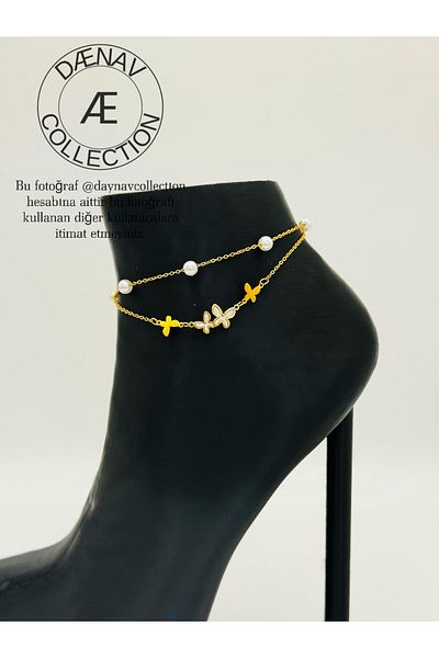 Daynav Gold Color Double Row Anklet with Pearl Detail and Butterfly Figure