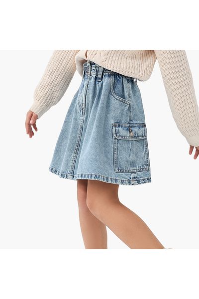 Juniors Denim Skirt with Pockets and Button Closure