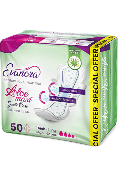 Evanora Sanitary Pads Aloe Maxi 50 Count | Thick & Long | Gentle Care With Aloe Vera Vitamin E