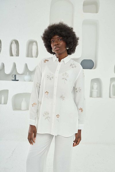 MİA NOURA Women's Front and Sleeves Bead Embroidered Shirt Pants Set
