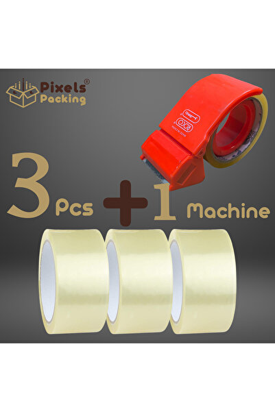 PixelsPacking 3 قطع شطرطون لاصق شفاف + قطاعة موزع شطرطون من PixelsPacking طول 60 ياردة عرض 2بوصة، مثالي للطرود