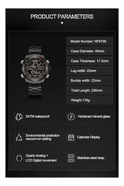 Naviforce Full Black Analog Digital Stainless Steel Strap Wrist Watch For Men
