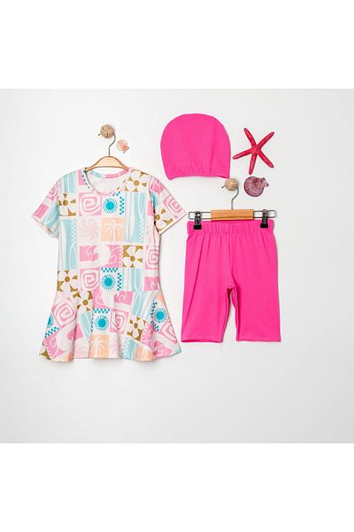 Harika KIDS Girl's Crew Neck Skirted Swimsuit and Leggings Bonnet Included.