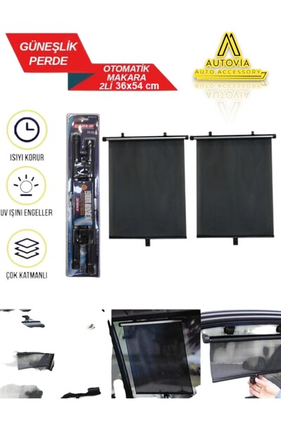 Autovia Araç Güneşlik Perde Otomatik Makaralı 2’li 36x54 Cm Araç Cam Güneşliği