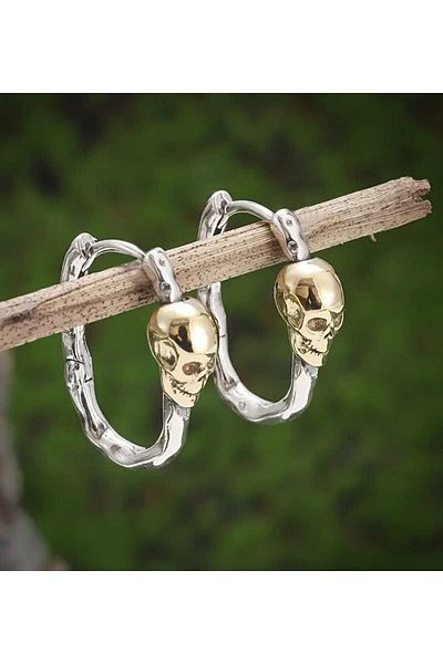 sarıyer silver Skull Model Yellow Color Plated Motif Steel Hoop Earrings Suitable for Daily Use Stylish Design