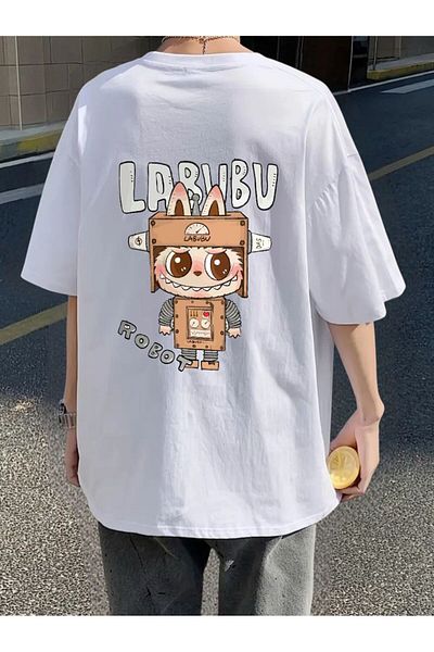 DEEFWEAR White Cute Robotics Labubu Back Printed Unisex Oversize Tshirt