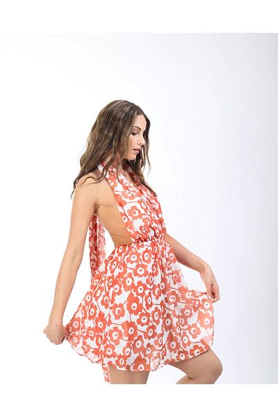 Bak Moda Mini rochie portocalie decoltată cu model floral