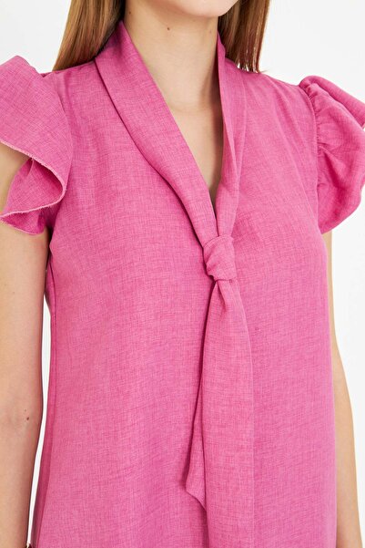 armonika Γυναικείο φούξια φόρεμα με λαιμόκοψη V με βολάν με λεπτομέρεια γραβάτα ARM-25Y001022