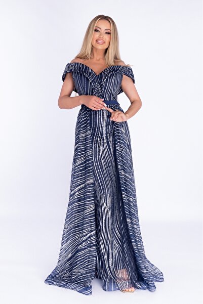 Atmosphere Fashion Rochie lungă bleumarin cu sclipici