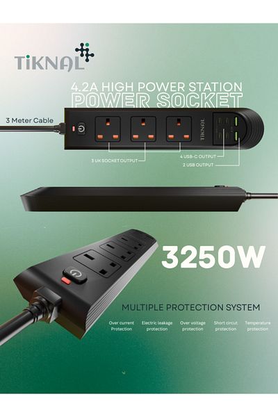 Tiknal 3250W Power Strip - 3 UK Sockets + 6 USB Ports (4 Type-C) - Advanced Protection & 3m Length
