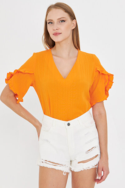 armonika Women's Orange V Neck Ruffled Short Sleeve Blouse Arm-25Y001070